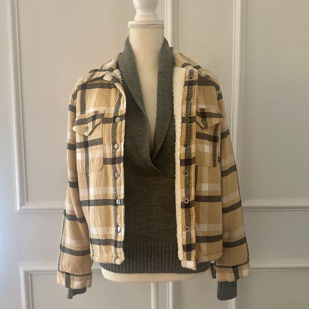 Lucky Brand checkered plaid utility jacket shacket tan yellow black white